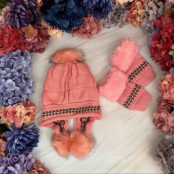 Chic Pink Fleece Lined Beanie with Fur Pom Poms & Fingerless Gloves - Picture 7 of 16